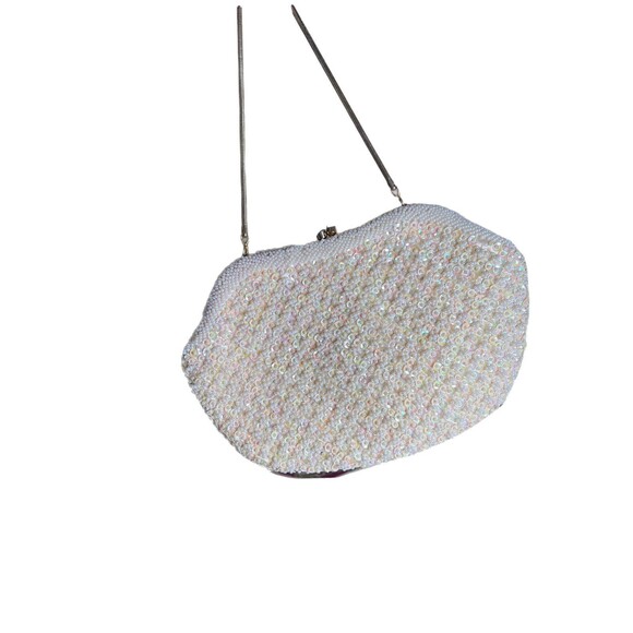 vintage la regale beaded purse White Beads Yellow Satin Lining Chain Handmade HK - Picture 2 of 11